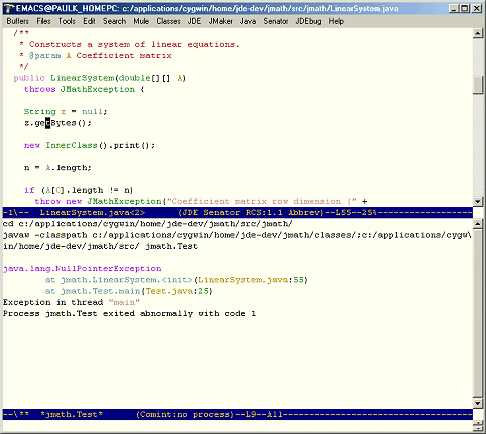 Screenshot showing an exception trace in the
	      JDE's run buffer.